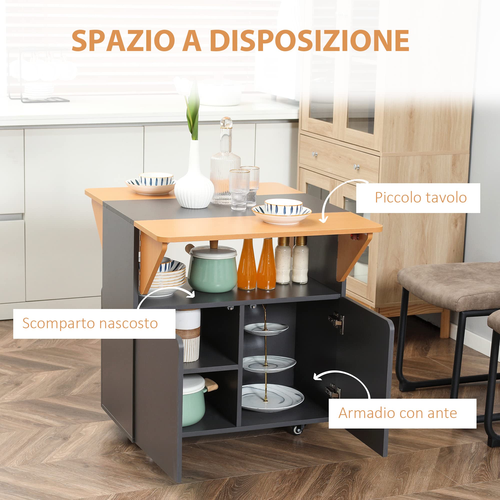 HOMCOM Tavolo Pieghevole Salvaspazio 4 Ruote 70x83x75 cm Giallo e Grigio | Per 4 Persone Max, Ripiano Nascosto, Armadietto con Ante