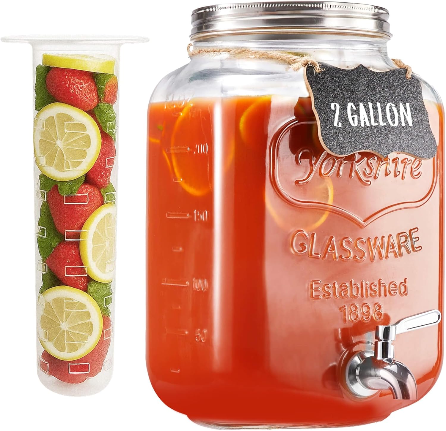 2 Gallon Glass Drink Dispenser for Parties, 2 Pack Beverage Dispenser, Lemonade Dispenser with 18/8 Stainless Steel Spigot, Leakproof for Sun Tea, Juice, Picnic, BBQ & Bars 2 Gallon – 2 Pack (No Stand)