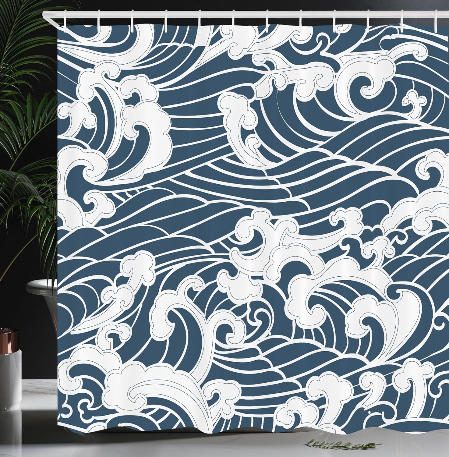 Ambesonne Japanese Wave Shower Curtain, Hand Drawn Traditional Style Aquatic Doodle River Storm Retro Abstract, Cloth Fabric Bathroom Decor Set with Hooks, 69" W x 70" L, Slate Blue