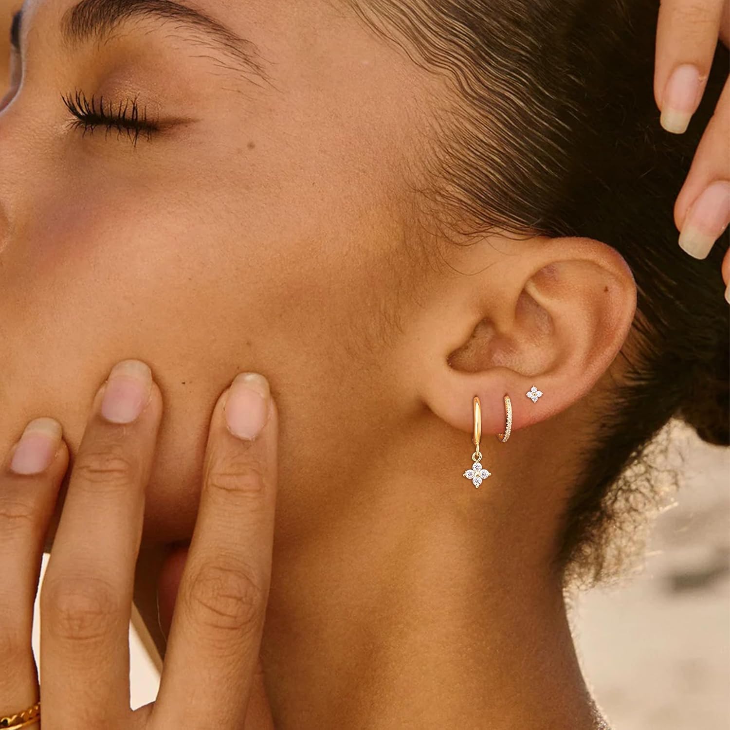 Gold Hoop Earrings Set for Women 3 Pairs Dainty Stud Dangle Huggie Cartilage Trendy Multiple Piercing Fashion Jewelry Gifts - Image 2