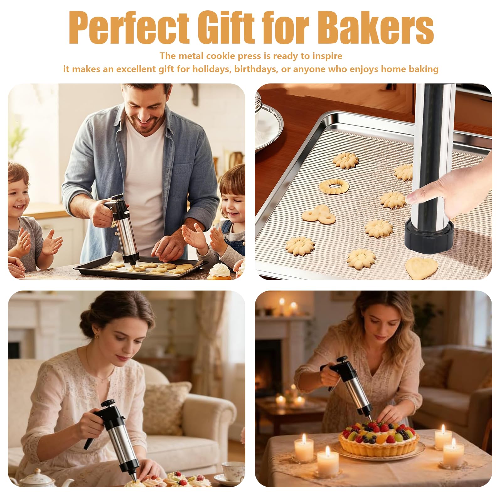 Pressa per Biscotti in Acciaio Inox, Biscotti Professionale Pistola Sparabiscotti con 16 Stencil e 8 Beccucci, Spara Biscotti per Frolla per Realizzare e Decorare Biscotti Fai da Te