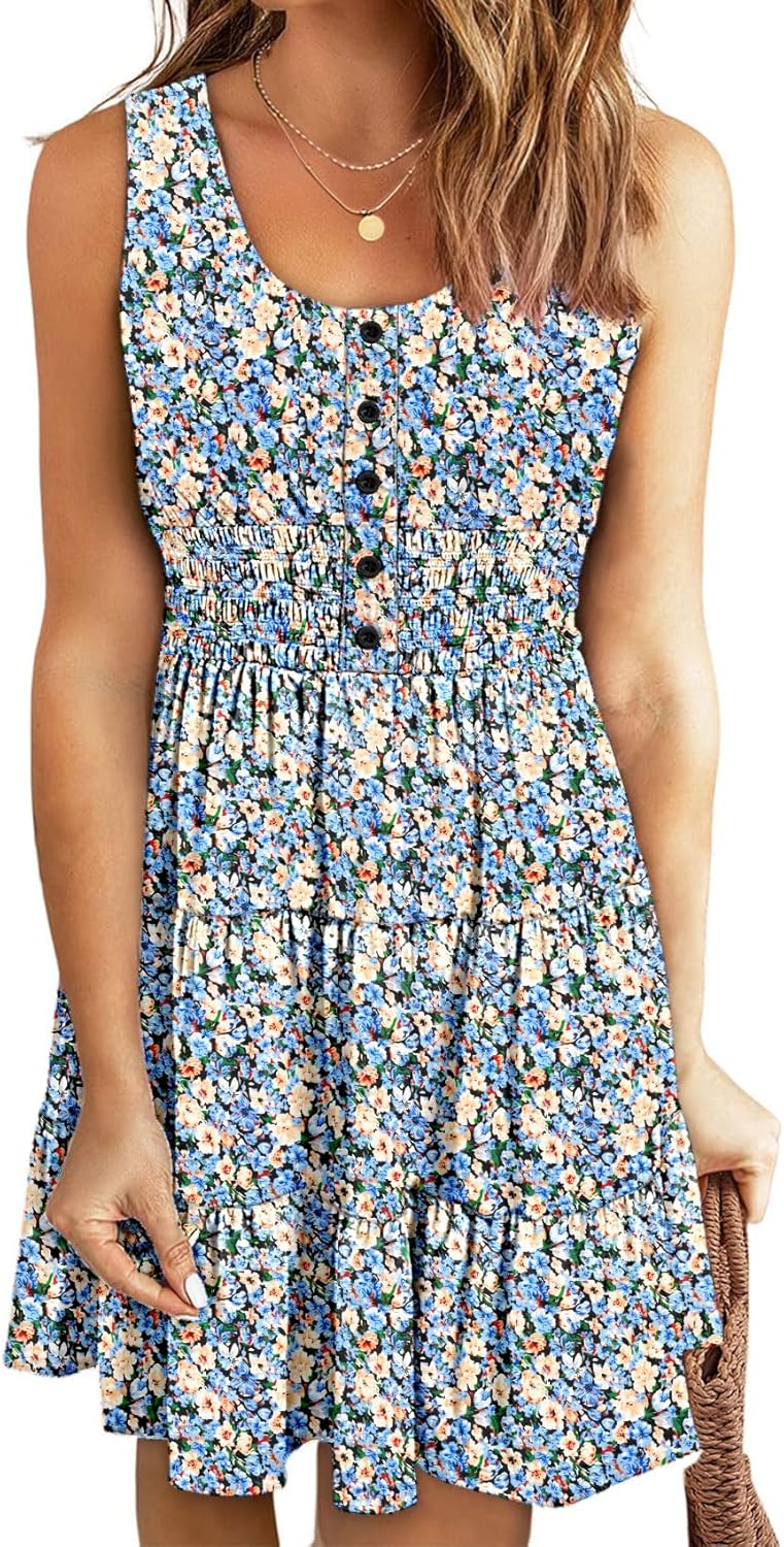 Summer Dresses for Women Casual Sleeveless Sundresses Elastic Waist Mini Sun Dress