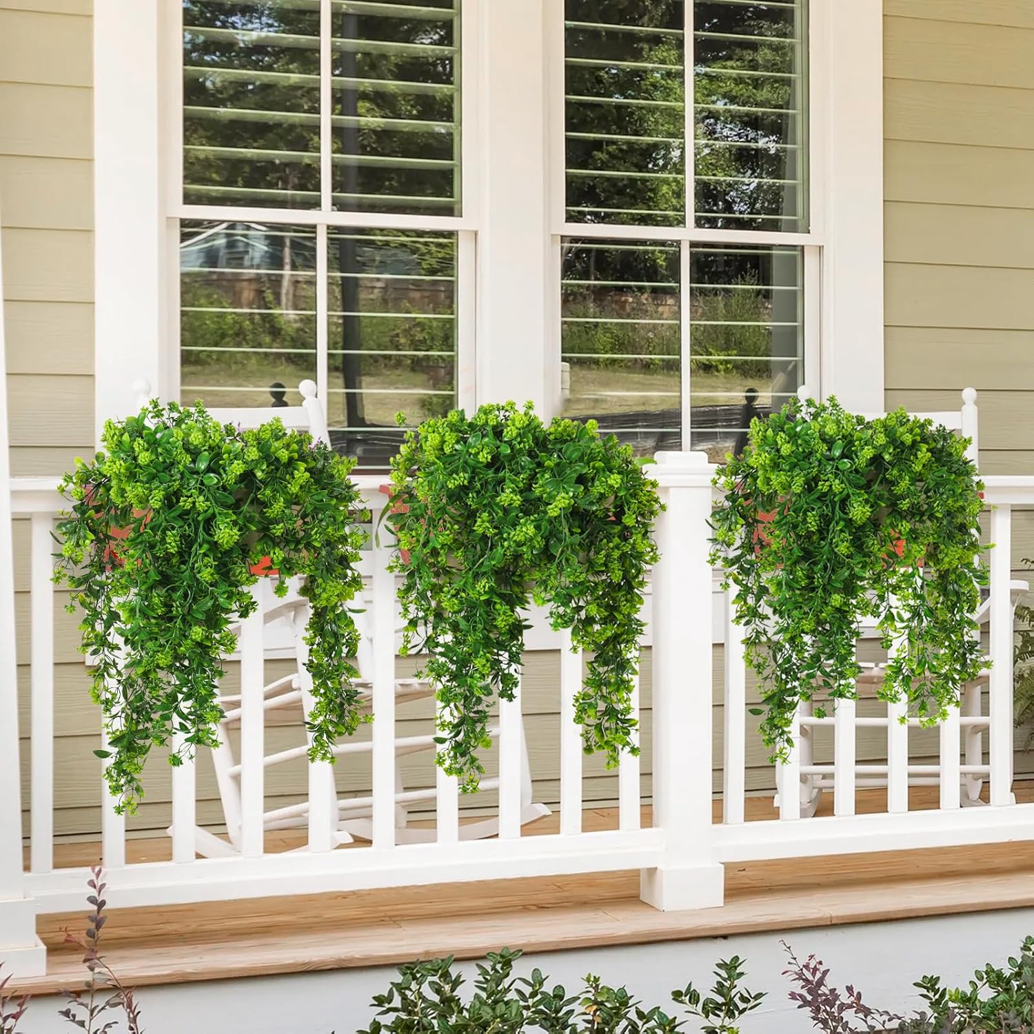 SJL Fake Hanging Plants 3pcs Hanging Plants with Flowers Artificial Greenery Faux Ivy Vine Leaves UV Resistant Plastic Plant Faux Greenery Vine Plant for Wall Home Indoor Outdoor Decor (Green) - Image 4