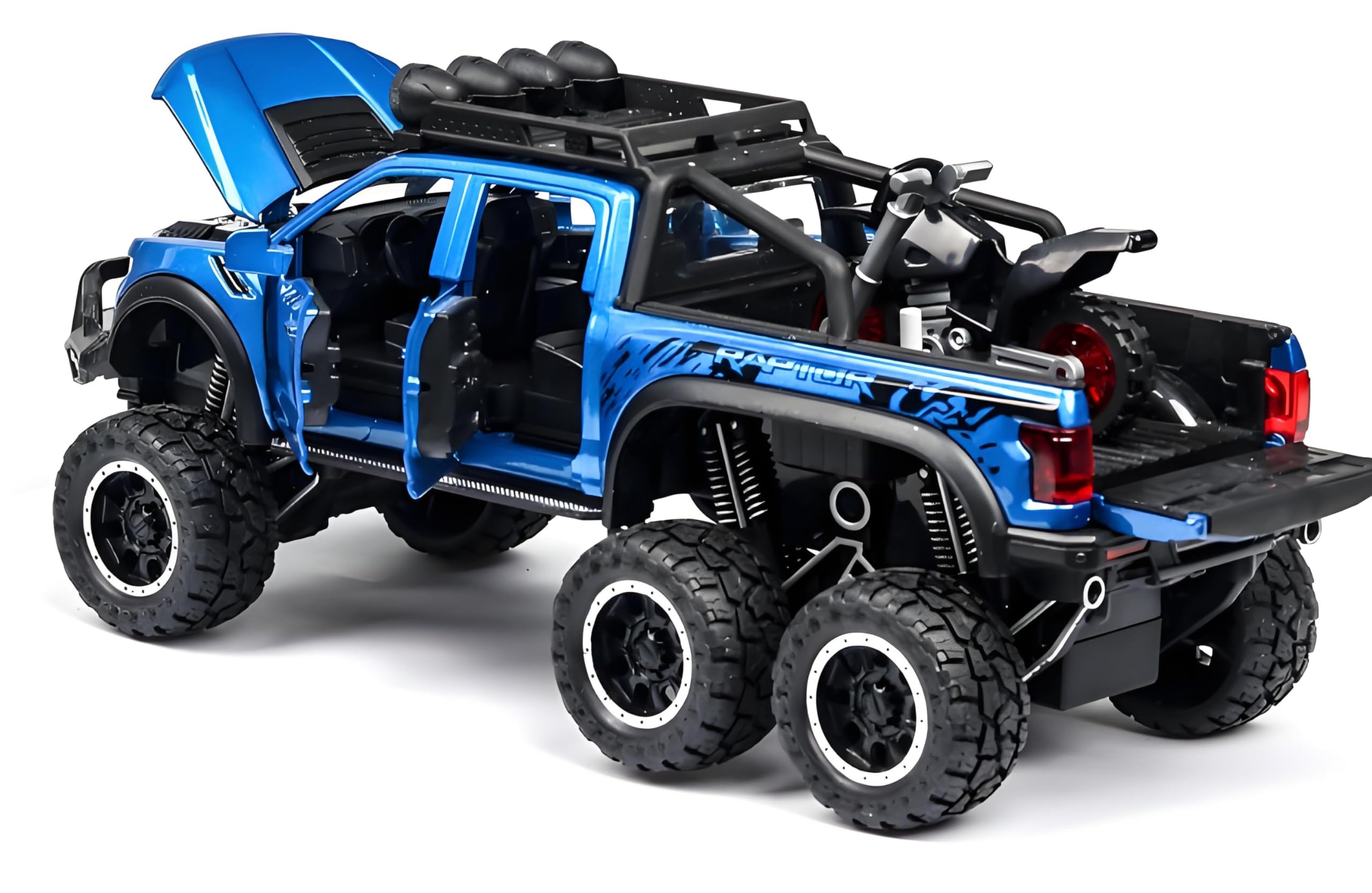 Increfunhome Ford Raptor Diecast Alloy Car Model, 6-Wheel Off-Road Pickup Truck Toy, Opening Doors and Hood, Pull-Back, Multiple Colours (Blue)