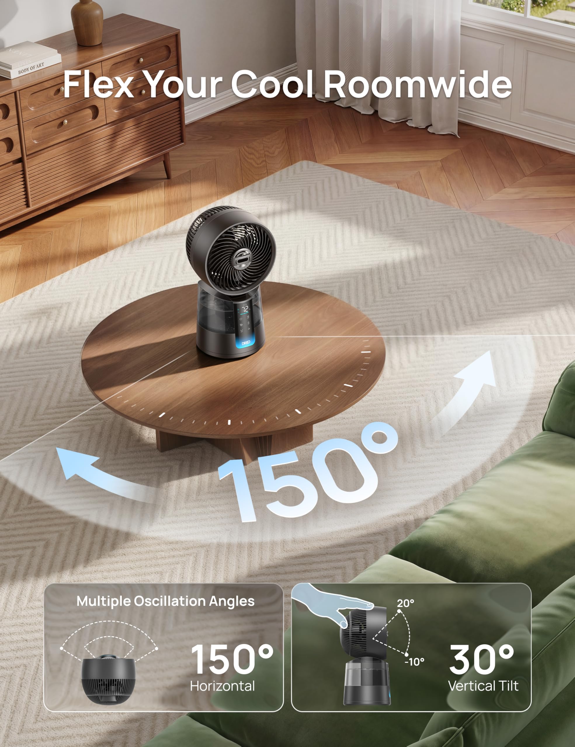 Dreo TurboCool Ventilador 516S, ventilador mesa oscilación 150° + 30°, enfriador evaporativo 7,9 m/s, niebla ultrafina, silencioso 20 dB, 6 velocidades, 2 modos, control app + mando.