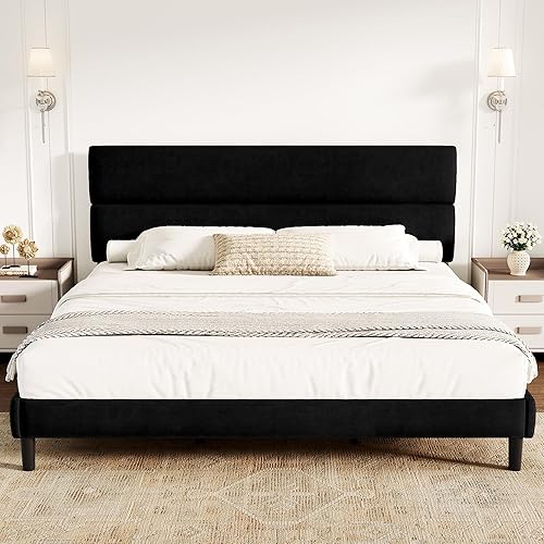 Miniatura 11 de Base de cama de plataforma tamaño Queen con cabecera de terciopelo, soporte de listones de madera de altura ajustable, base de colchón tapizada, se