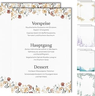 15 Blanko Menükarten für Speisekarten und Getränkekarten für die Hochzeit, Geburtstag, Konfirmation (Wildblumen)