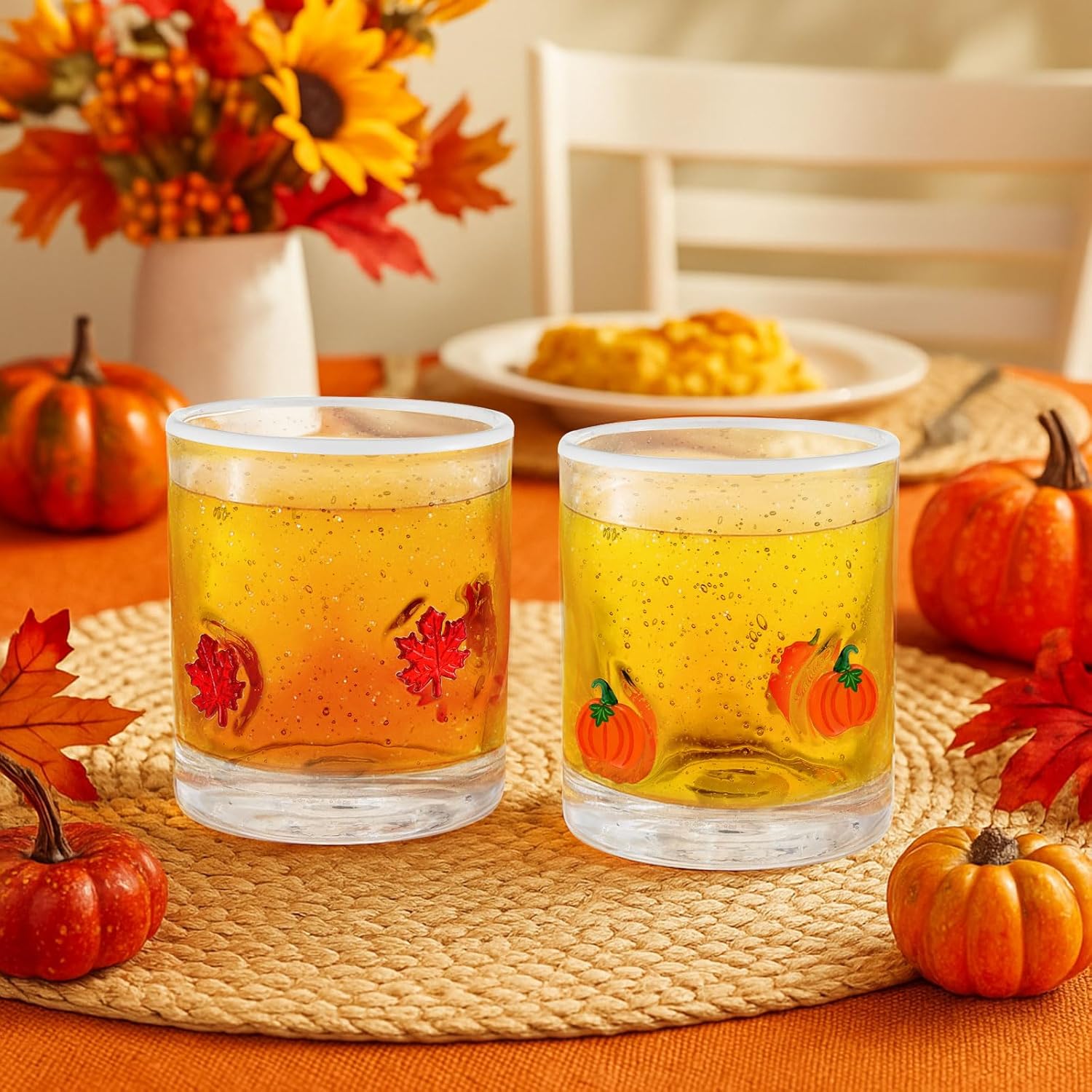 Mimorou 2 Pcs Thanksgiving Fall Icon Juice Glass 14 Ounce Pumpkin Maple Leaf Themed Drinking Cocktails Glasses for Party, Autumn Cute Double Old Fashioned Reusable Cups for Home Bar Decor Gifts - Image 4