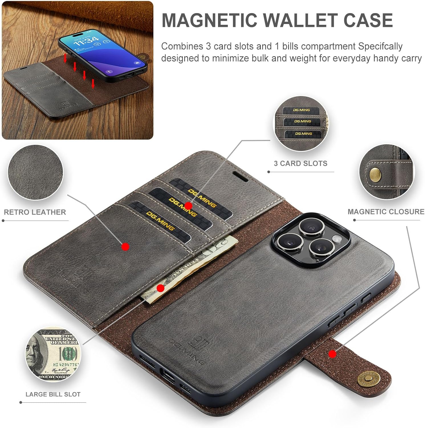 MUDASANQI Detachable 2 in 1 Split Magnetic Flip Folio Wallet Case Compatible with iPhone 16 Pro Genuine Leather Phone Case with 3 Card Holder Slots Kickstand Shockproof Cover(Grey)