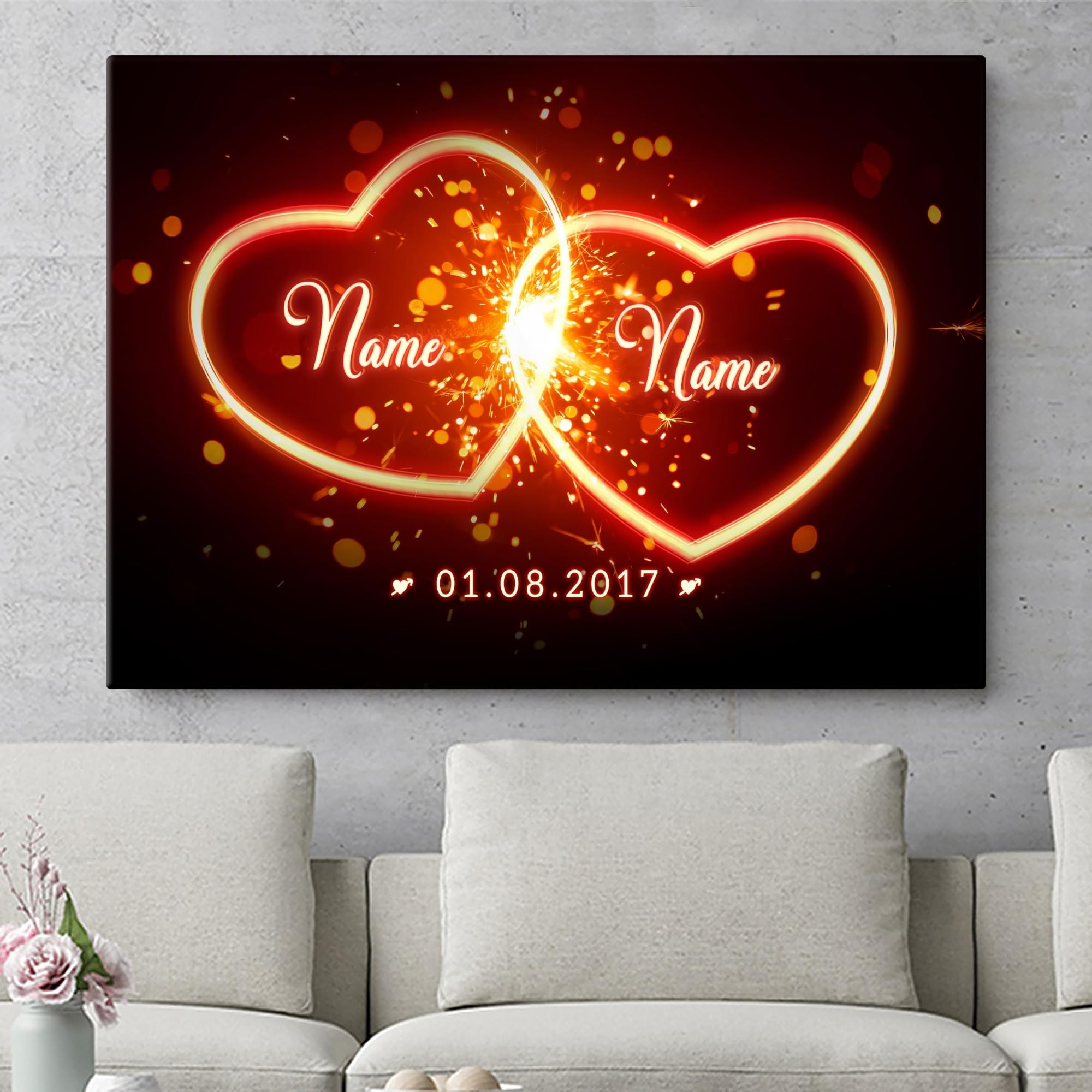 Liebesleinwand Leinwandbild personalisiert | Leinwand gestalten mit Namen und Datum Geschenk für Partner | Glühende Herzen