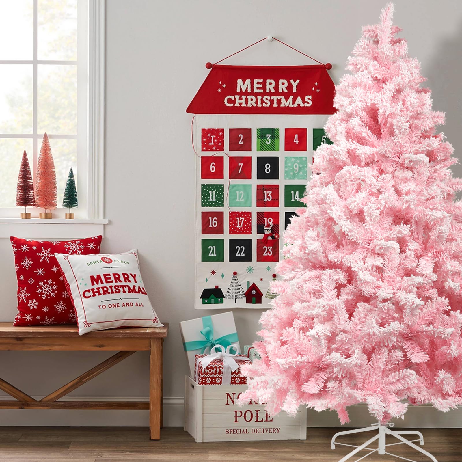 Uten Sapin de Noël Artificiel Rose, 210 cm, Flocon de Neige Artificiel, avec 1200 Branches et Support Pliable, pour décoration de Noël intérieure et extérieure