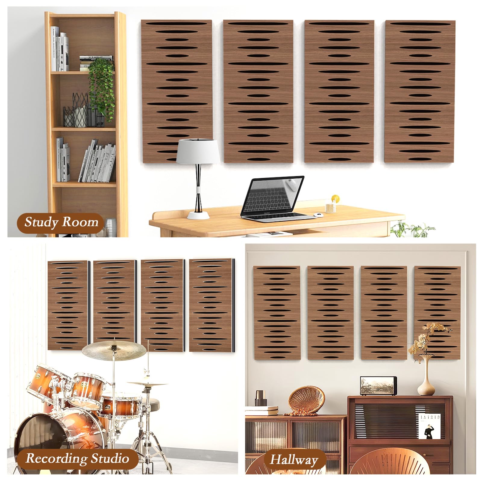 Paquete de 4 paneles de pared acústicos autoadhesivos de espuma insonorizada para pared, aislamiento acústico decorativo de fibra de poliéster perforado 3D para estudio de grabación, 24 x 12 x 1.78