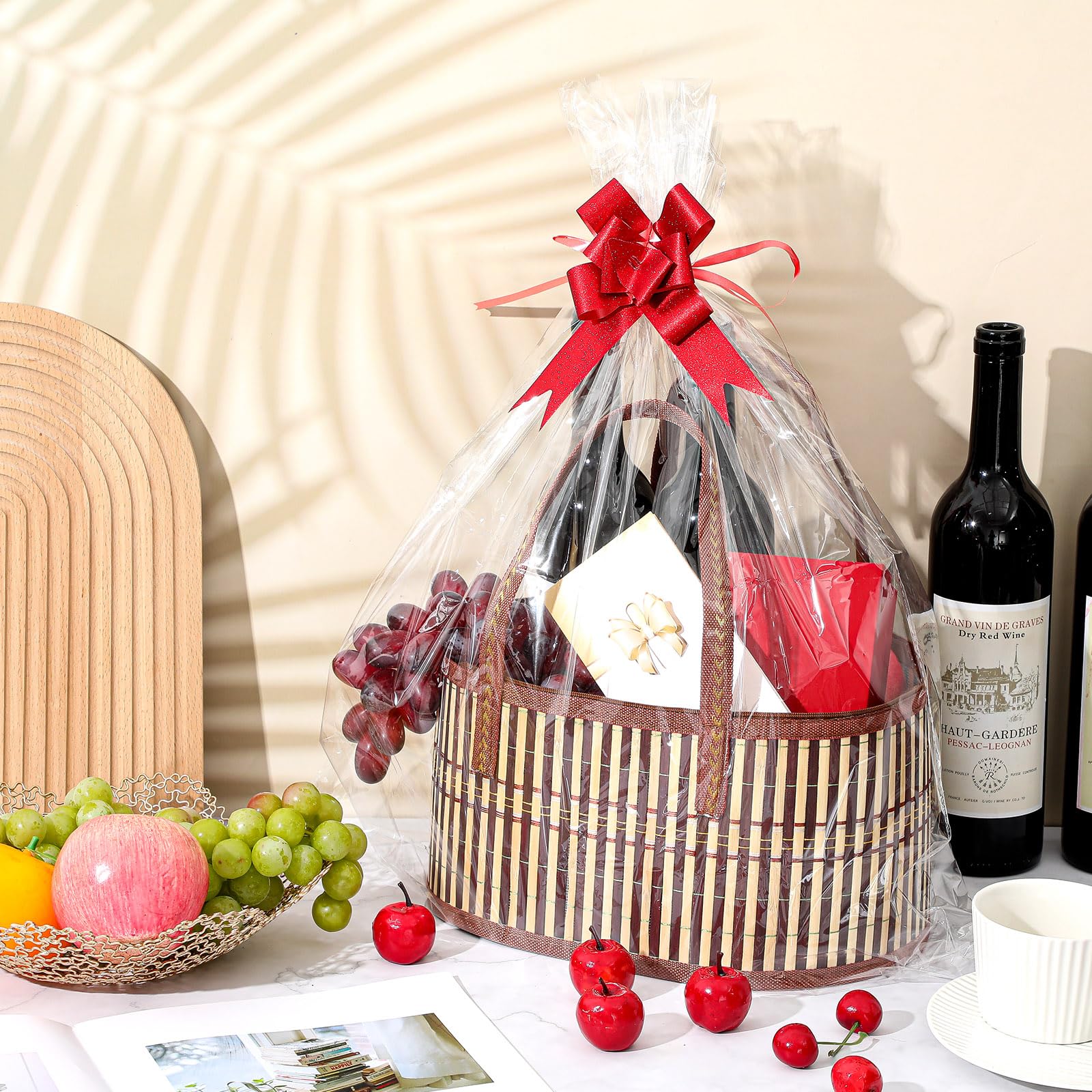 Tioncy Set di 6 cestini per regali vuoti grandi in bambù intrecciato con manici, cesti in cellophane trasparente per baby shower, regali di compleanno, 6 sacchetti trasparenti, 6 biglietti regalo