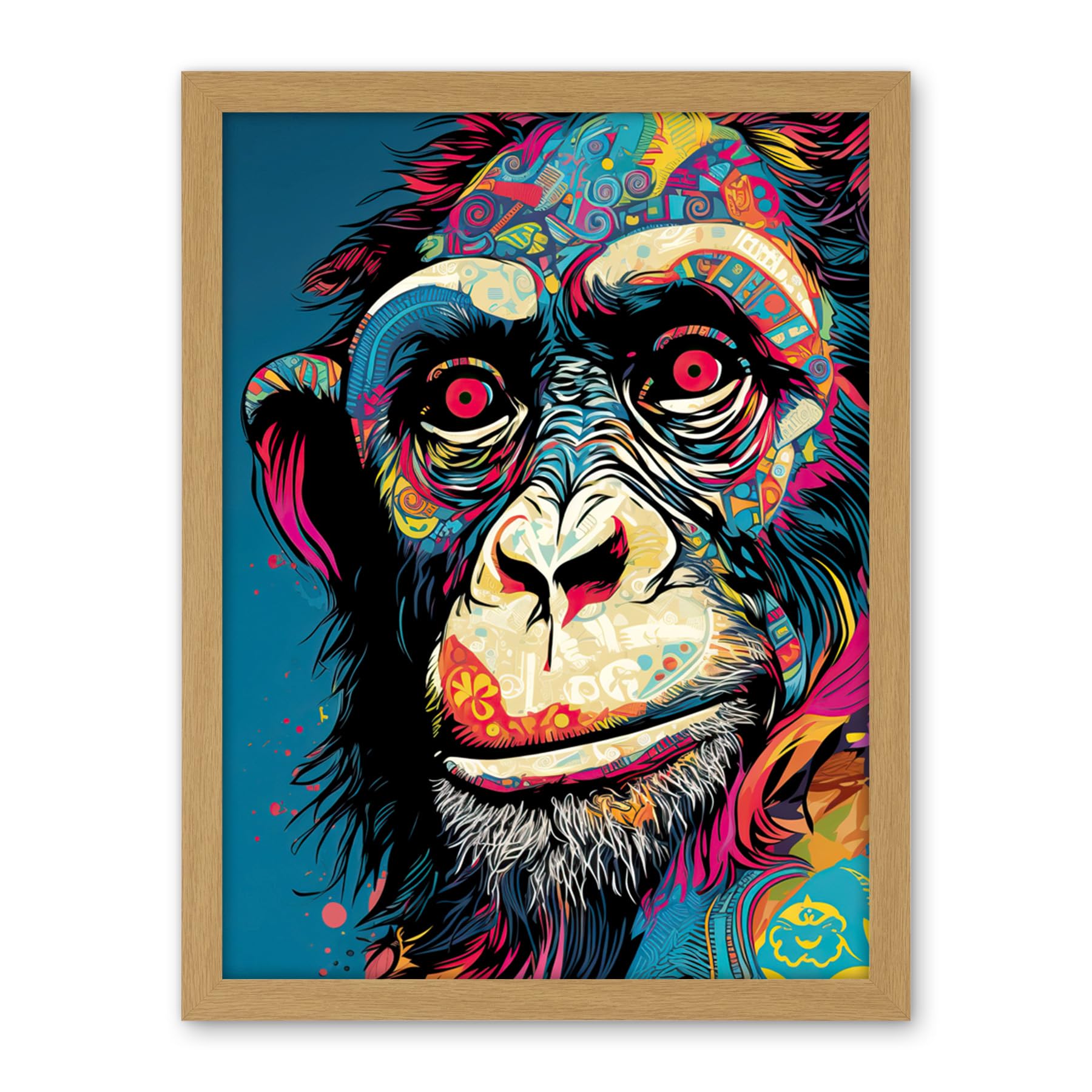 Artery8 Chimpanzee Acrylic Painting Vibrant Psychedelic Pattern Portrait Modern Artwork Framed Wall Art Print 18X24 Inch