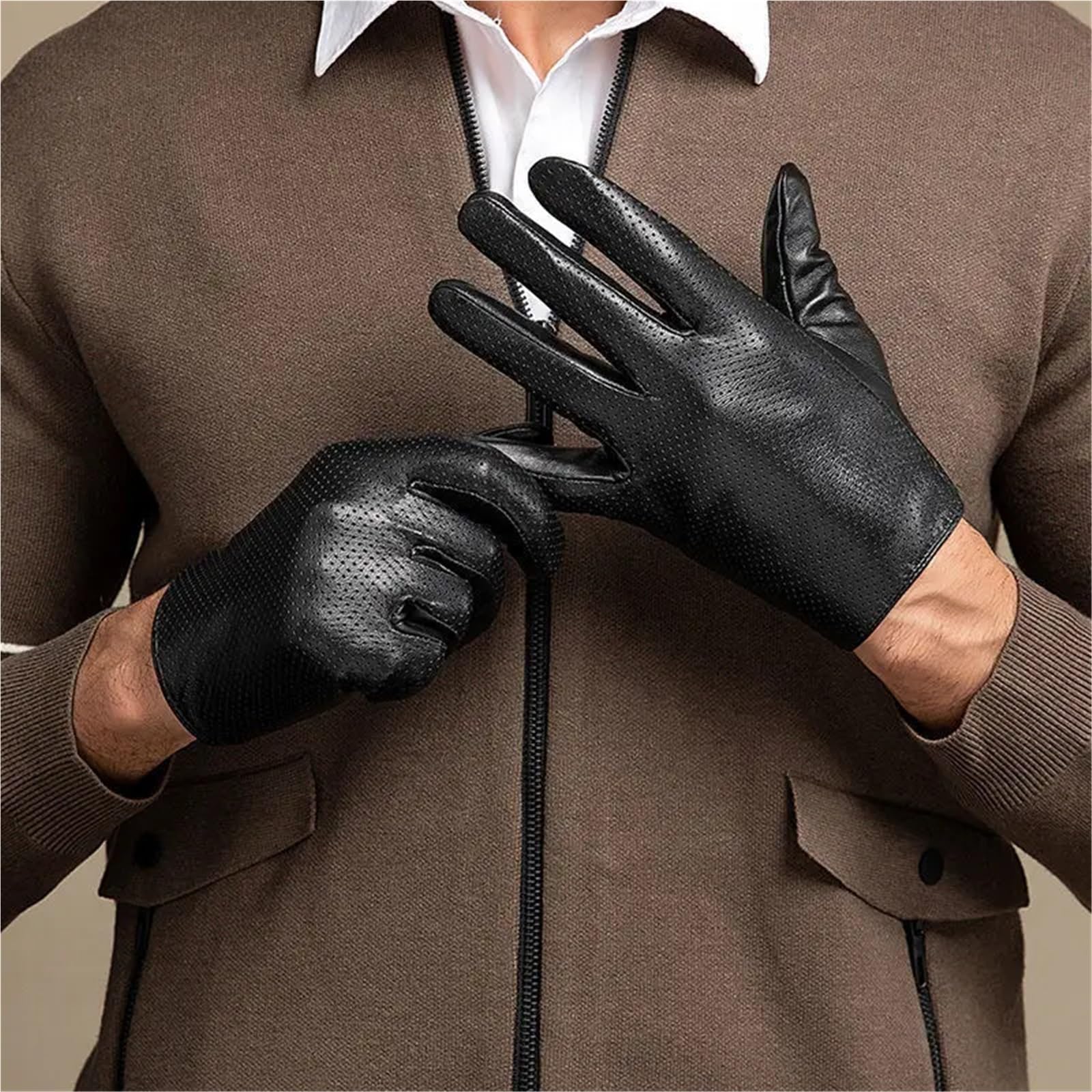 Guanti di pelle da uomo, Guanti da guida uomo d'affari Fullfinger Touchscreen WinterRiding Moto Nero M, L