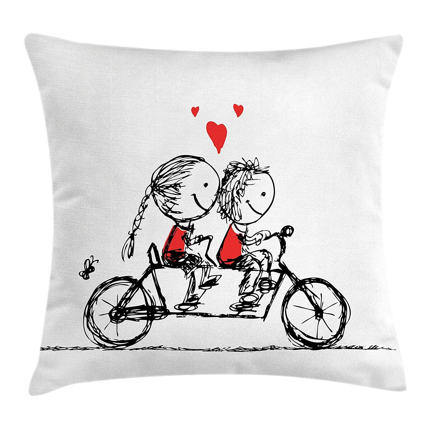Bicycle Throw Pillow Cushion Cover, Children Love Couple Cycling Together Soul Mates Valentines Sketchy Print, Decorative Square Accent Pillow Case,Black White Scarlet Size:22 X 22 Inches/56cm x 56cm