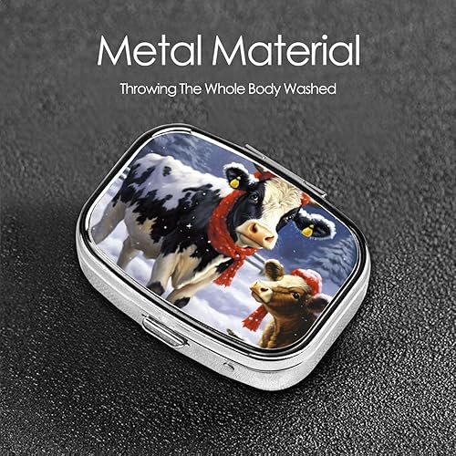 Miniatura 5 de Christmas Snow Cow Print Pill Box Square Pill Case 2 Compartment Small Metal Medicine Organizer Portable Travel Pillbox for Pocket Purse Cute Mini