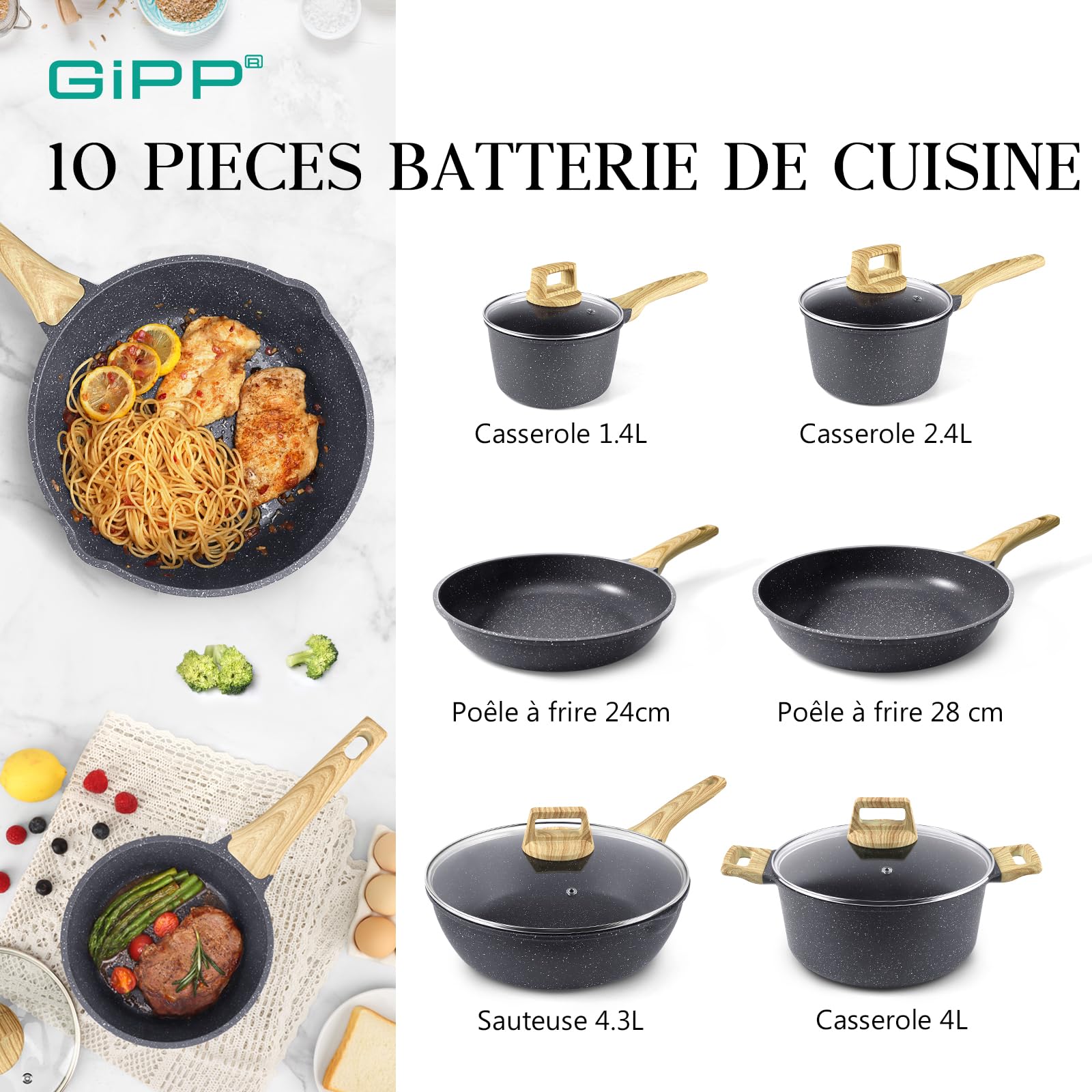 GiPP Set di pentole e padelle antiaderenti, set di pentole a induzione da 10 pezzi, set di cottura in granito antiaderente con padelle, casseruole, adatto a tutti i fornelli (grigio, 10Pcs-B)