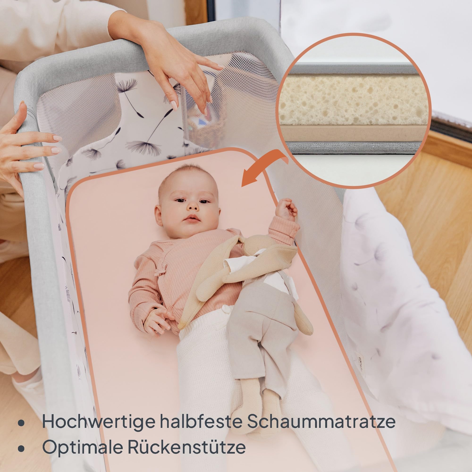 Lionelo Aurora 3 in 1 Babybett bis 9 kg, Beistellbett, Wiege, Höhenverstellug und Einstellung der Neigung der Matratze, 4 Räder mit Bremse Ergonomische Matratze Tasche