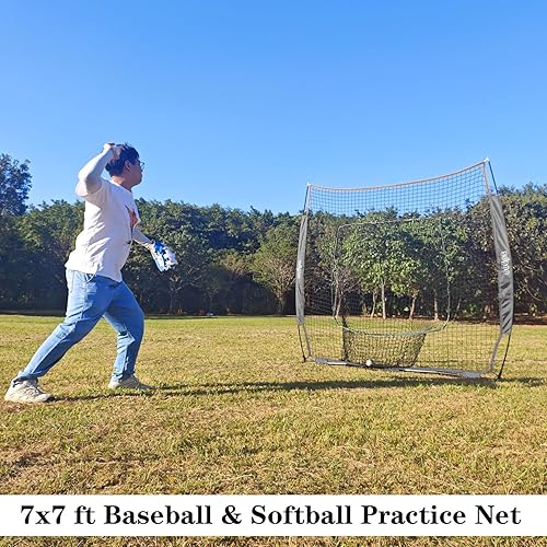 Miniatura 8 de Red de práctica de béisbol y softbol de 7 x 7 pies, red de béisbol portátil para batear, golpear, lanzar viene con bolsa de transporte,