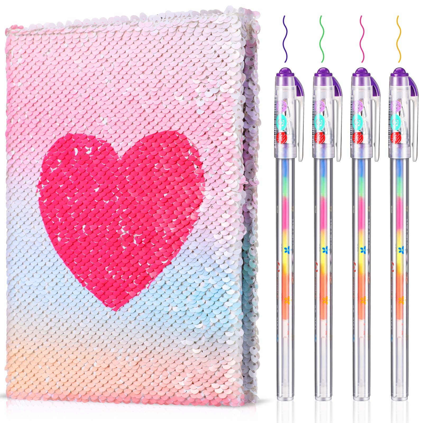 Outus 4 Pcs Sequin Notebook Christmas Journal Gift, Gradient Color, Heart