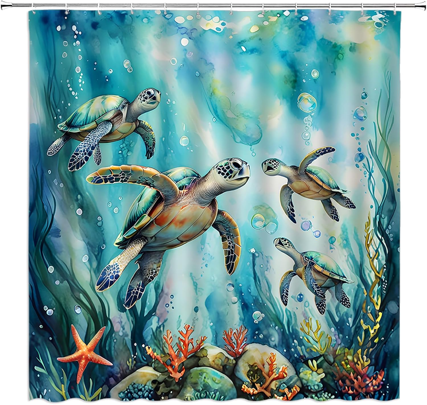 Sea Turtle Shower Curtain Ocean Animal Turtle Coral Underwater Wold Tropical Fish Nautical Biological Marine Life Coastal Summer Fabric Bathroom Decor Curtain with Hooks