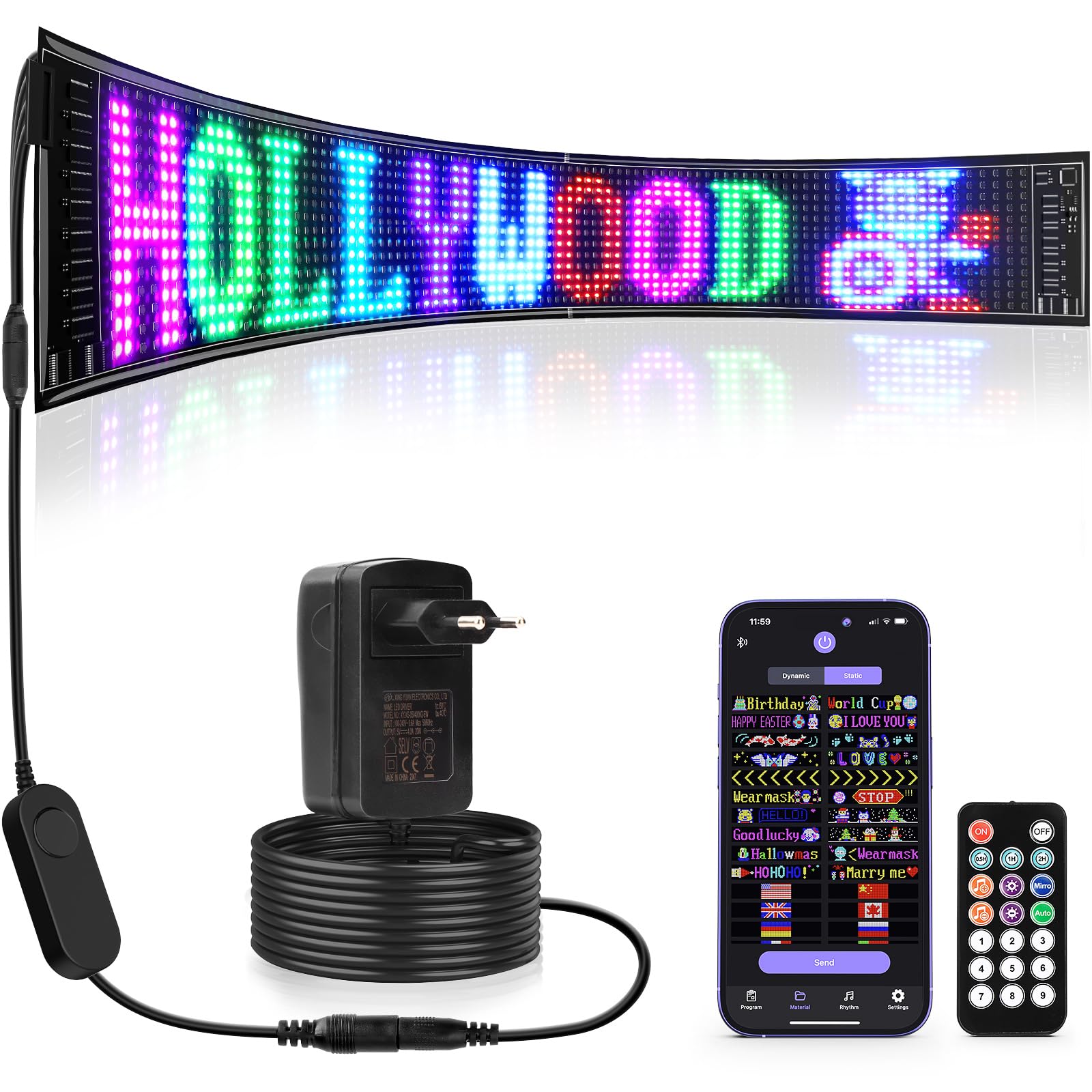 Grand panneau LED programmable, 92 x 19 cm, panneau de magasin LED d'intérieur flexible 12 V avec télécommande, contrôle par application Bluetooth, motif de texte personnalisé, affichage numérique