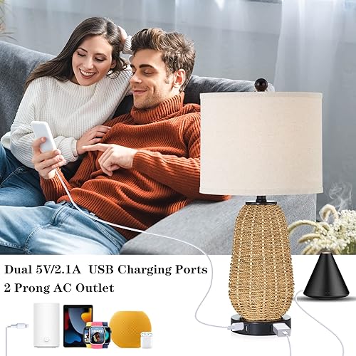 Miniatura 3 de Lámpara de mesa de ratán con control táctil, lámpara de noche regulable de 3 vías para dormitorio con 2 puertos USB y salida de CA, lámparas de