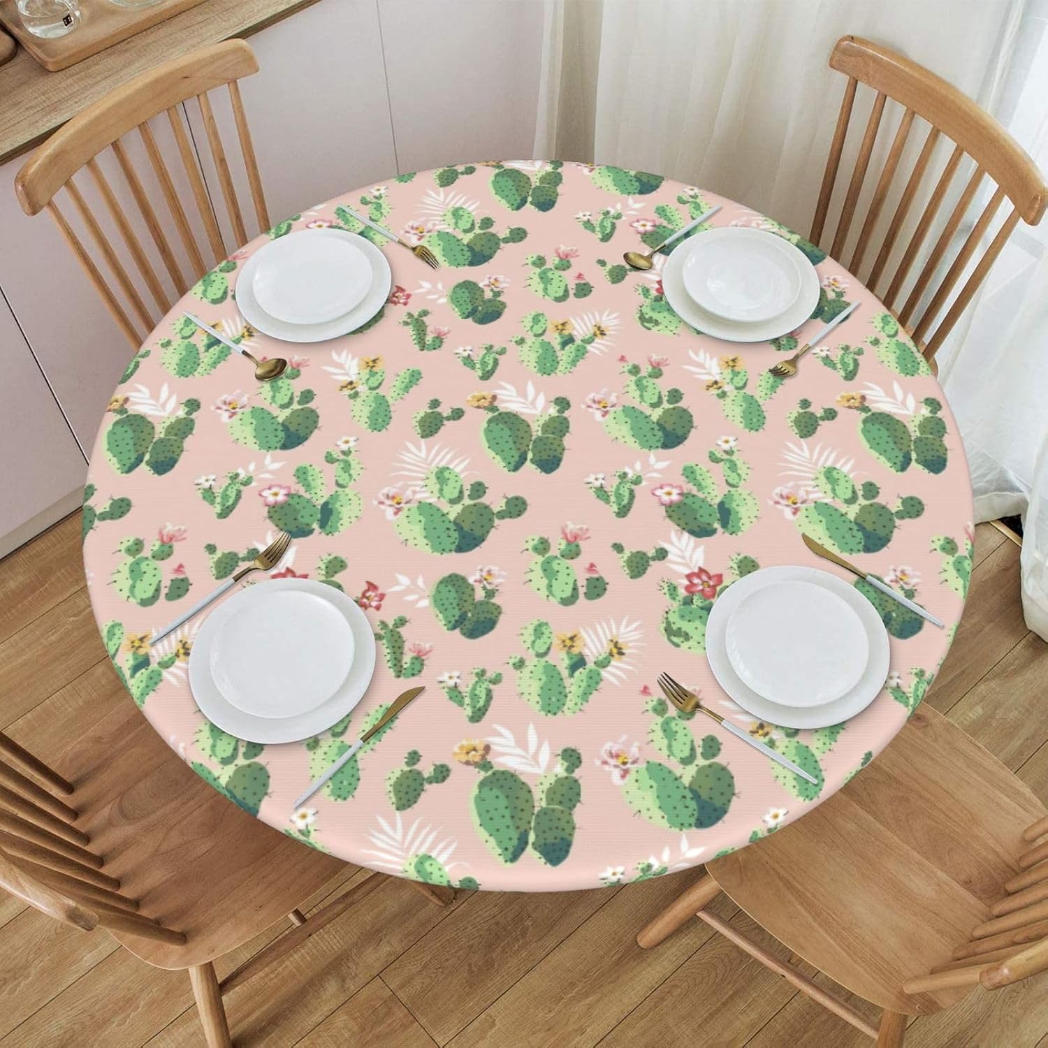 Cactus Pattern Print Outdoor Patio Kitchen Decor Supplies Wipeable Round Table Cloth for Indoor Outdoor