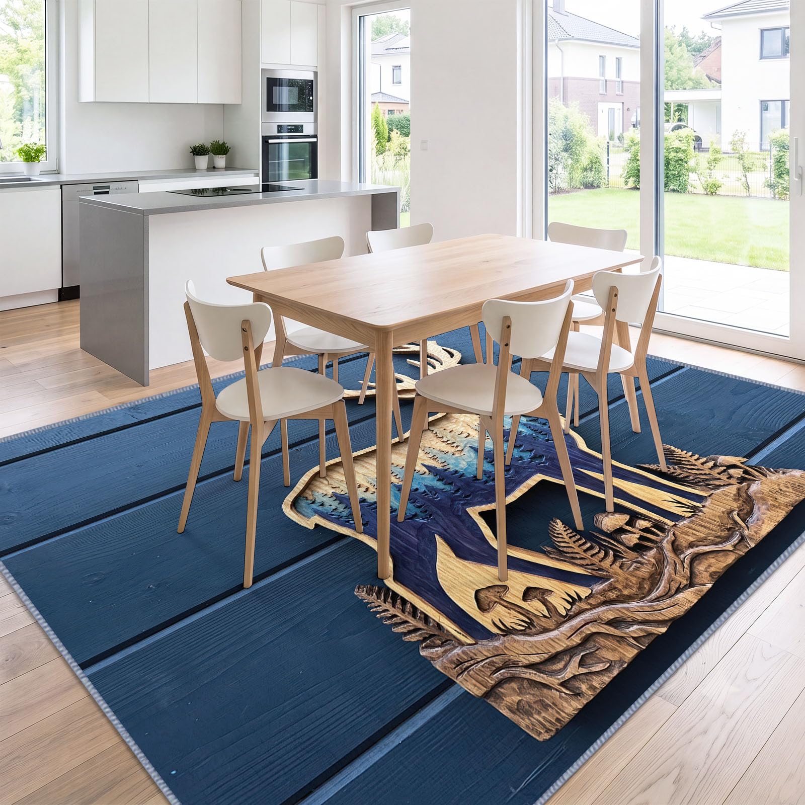 Tapis Lavable en Machine 120 x 180 cm Bois Cerf Silhouette Forêt Tapis Antidérapant en Flanelle Idéal pour Enfants et Animaux – Moquette de Chambre Doux, Poils Courts, Entretien Facile, Bleu Marine