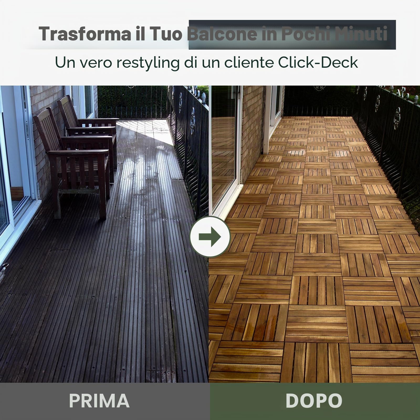 CLICK-DECK Le famose piastrelle Click-Deck in LEGNO MASSELLO per pavimenti esterni - Pavimenti per patio, balcone, terrazza, vasca idromassaggio (24x piastrelle per decking)