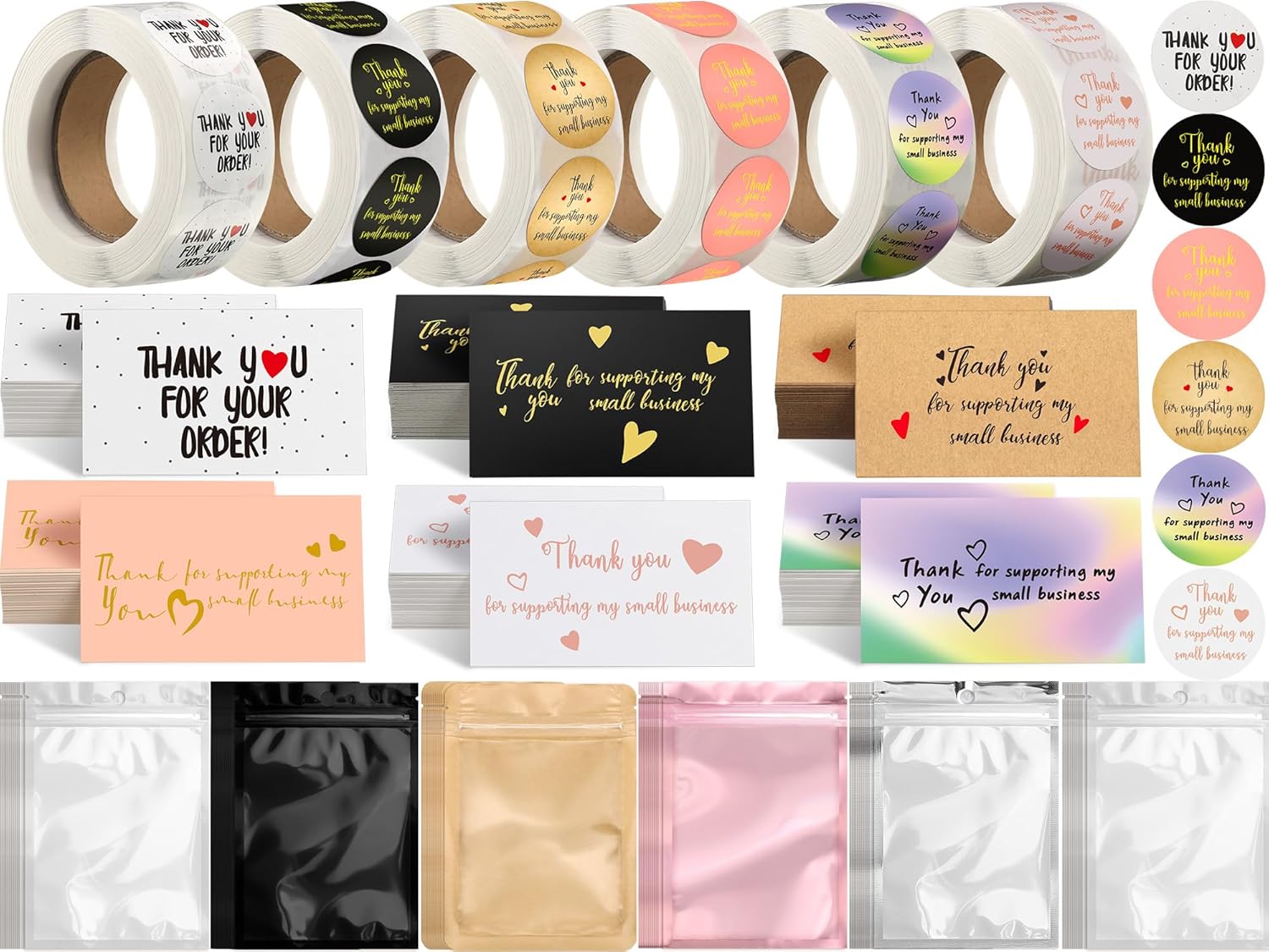 3420 Pcs Thank You Small Business Packaging Set 6 Rolls 3000 Pieces Thank You for Supporting My Small Business Stickers Labels Resealable Packaging Bag for Envelopes, Bubble Mailers and Gift Bags