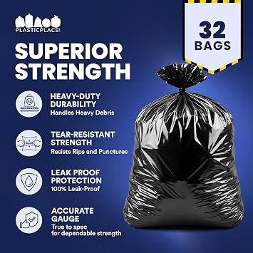 Plasticplace 55 Gallon Contractor Bags, Black, 38'' x 58'', 4 Mil, 32/Case