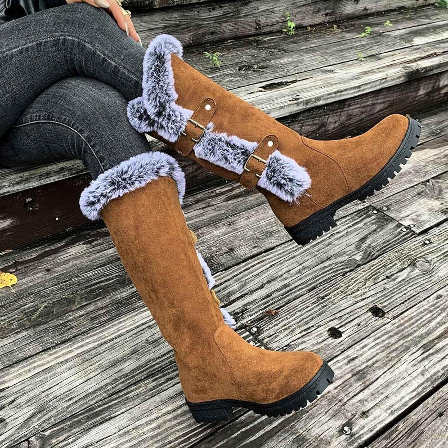 Women's Mid Calf Snow Boots with Plush Cuff Round Toe Slip on Buckle Strap Booties Non Slip Lug Sole Chunky Block Heel Waterproof Comfort Winter Boots - Image 4