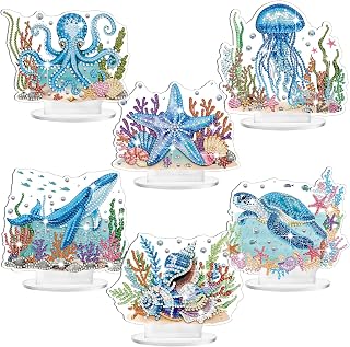 Cinnvoice 6 Pcs Diamond Art Tabletop Decorations,Ocean | Butterfly Dragonfly Hummingbird with Flowers, Wood Base, For Centerpieces Table Decor, Diamond Painting Art