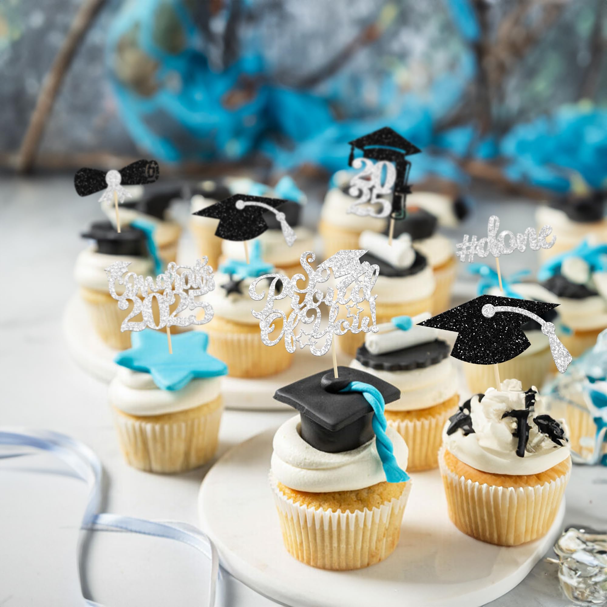 Gyufise 24 Stück Silber-glitzernde Cupcake-Topper Für Abschlussfeier – Graduation Party-Dekoration Mit Hut & Diplom-Motiv