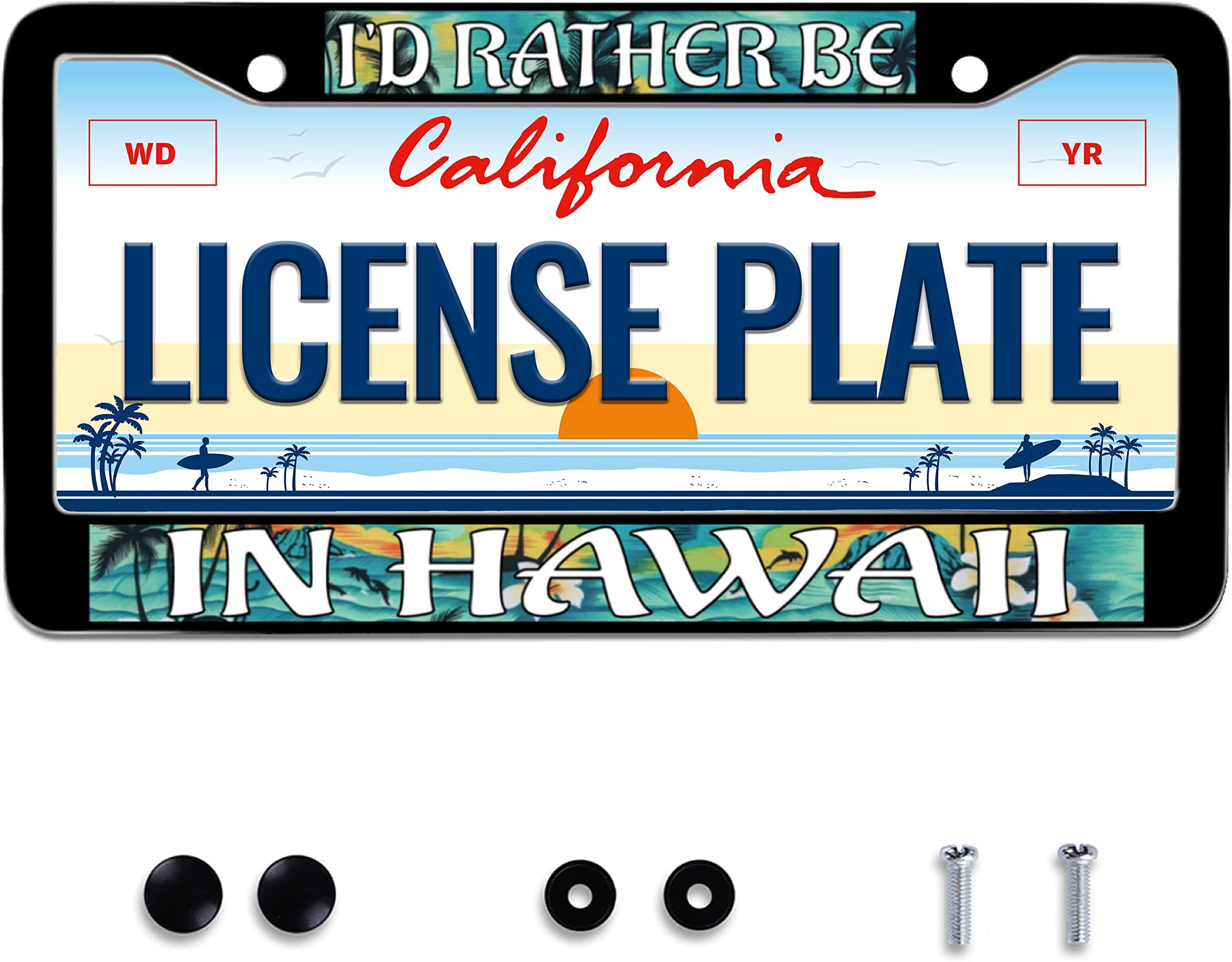 I'd Rather Be in Hawaii License Plate Frame Beach Palm Tree Plumeria Stainless Steel License Plate Frames for Car Decorative Parts for Standard Us Canada Holder Unisex 12x6 Inch