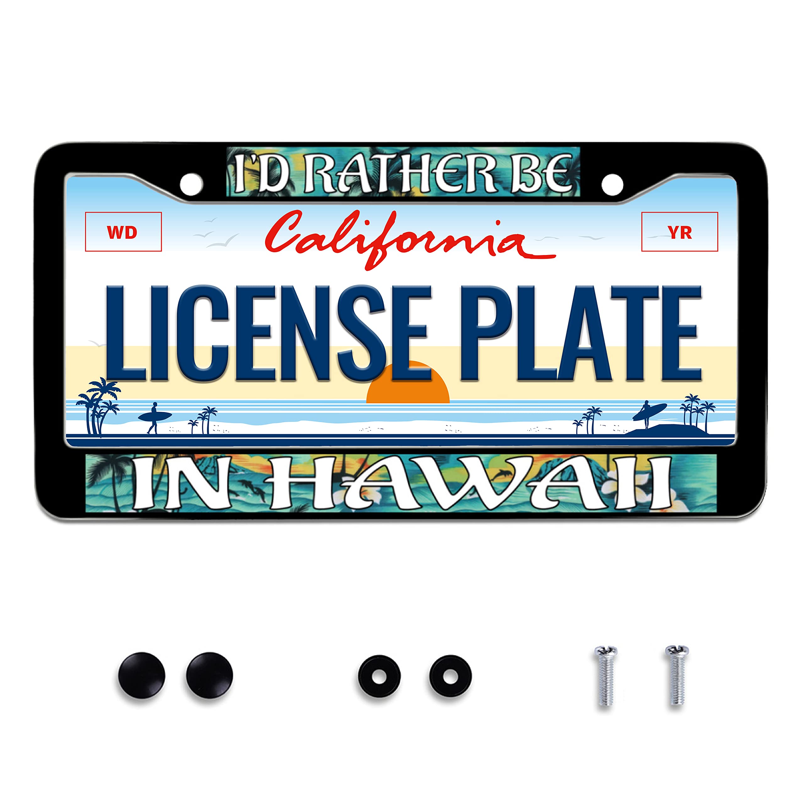 I'd Rather Be in Hawaii License Plate Frame Beach Palm Tree Plumeria Stainless Steel License Plate Frames for Car Decorative Parts for Standard Us Canada Holder Unisex 12x6 Inch