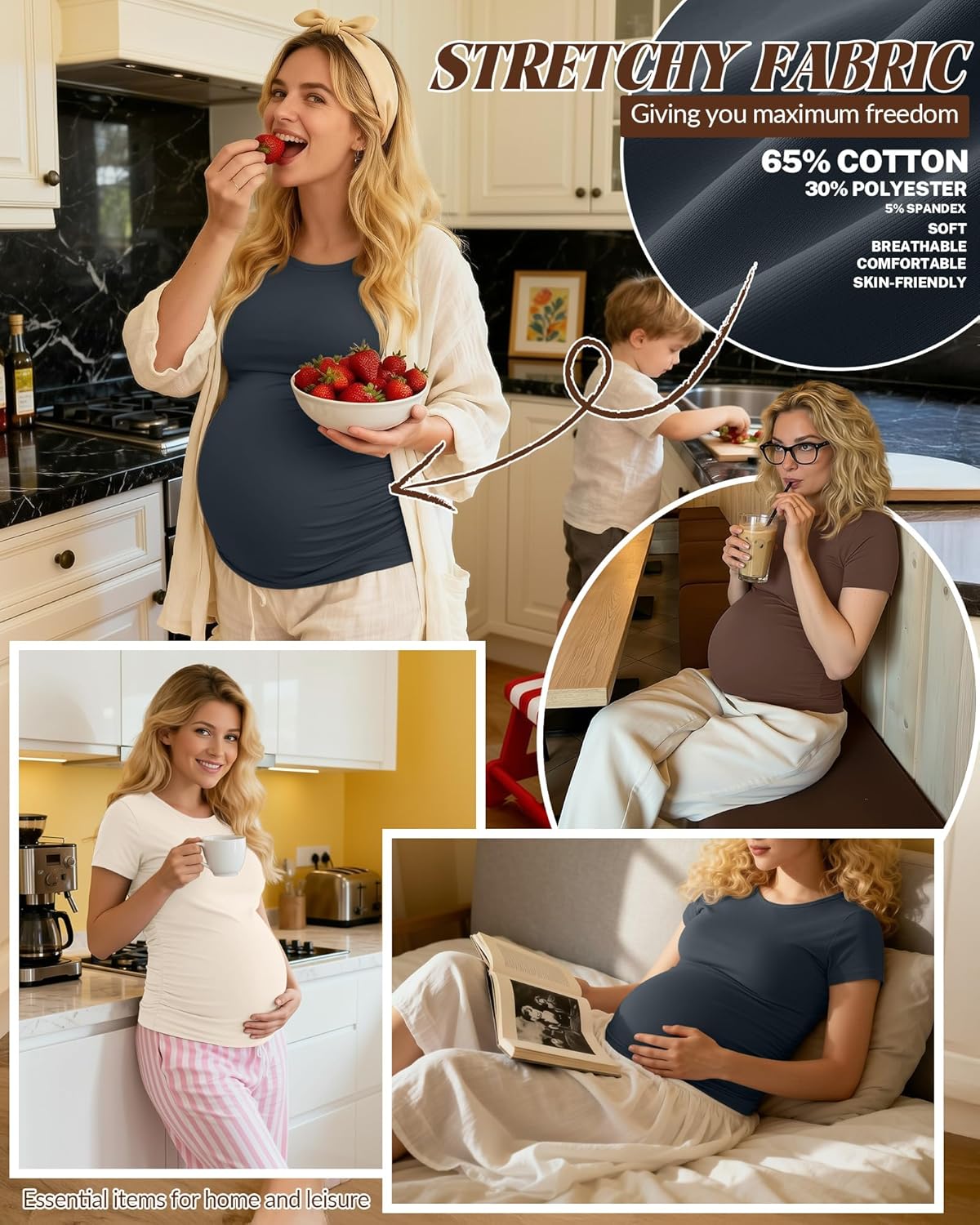 Huukeay 4 Pack Women's Maternity Shirts, Crew Neck Maternity Top Short Sleeve Casual Cotton Tee Side Ruched Pregnancy Clothes - Image 4