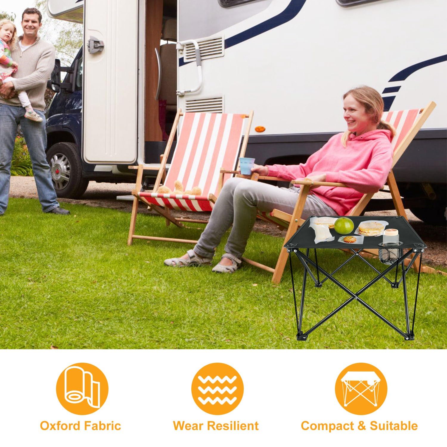 TeqHome Folding Camping Side Table,Outdoor Portable Camping Table W/2 Cup Holders&Carrying Bag,Steel Frame,600D Oxford Fabric,Lightweight Foldable Table for Beach Picnic Hiking Fishing