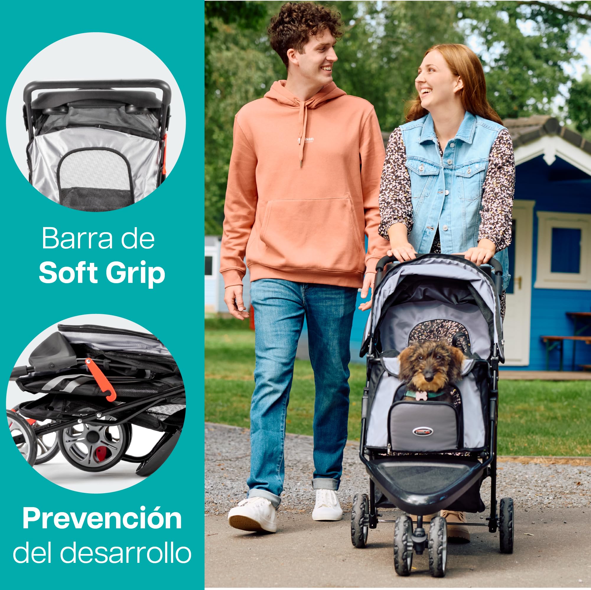 Innopet All Terrain negro/plata - Carrito de 3 ruedas para perros y gatos hasta 12,5kg, con ruedas EVA, plegado fácil y portavasos
