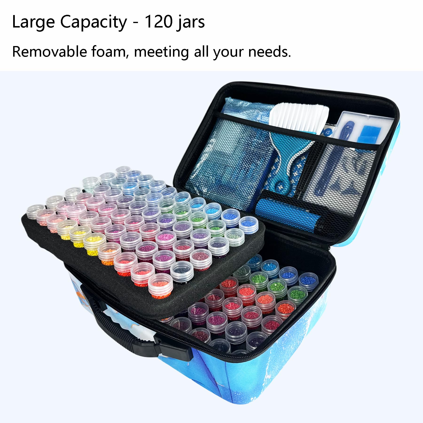 Muzagroo Art Aufbewahrungsbehälter für Diamantmalerei, 120 Fächer, Aufbewahrungsbox für Diamantkunst, mit Zubehör und Werkzeugen für Handarbeit, tragbar, stoßfest, Organizer-Etui für Diamantmalerei, L