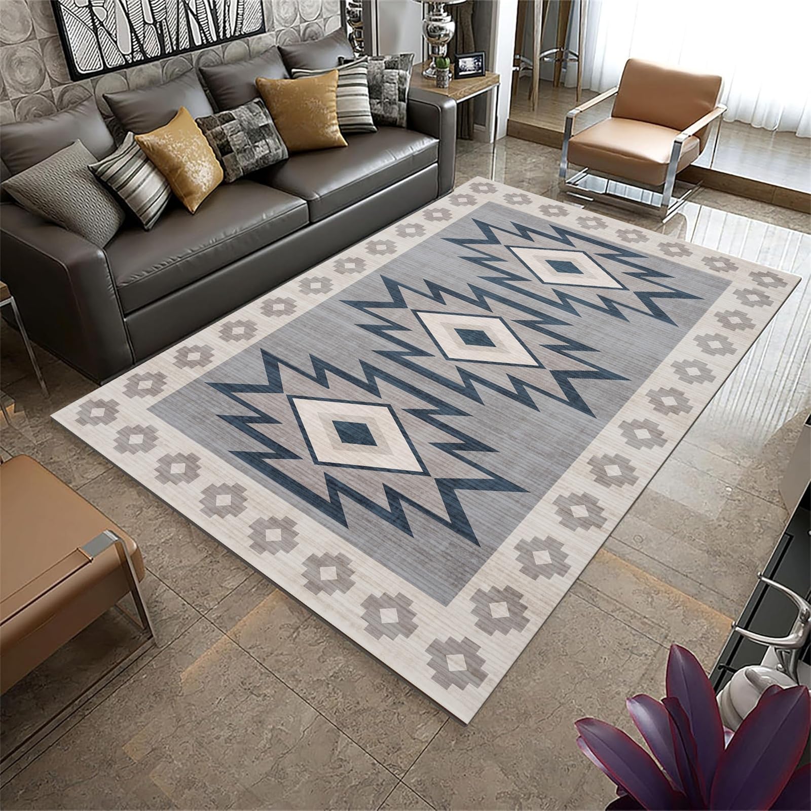 HONGXIU Area Rug 160x230 Rugs Machine Washable Rug Non-Slip Low Pile Print Pattern Western Rugs Aztec Tribal Carpet for Living Room Bedroom Entryway Tribal Series -Navy