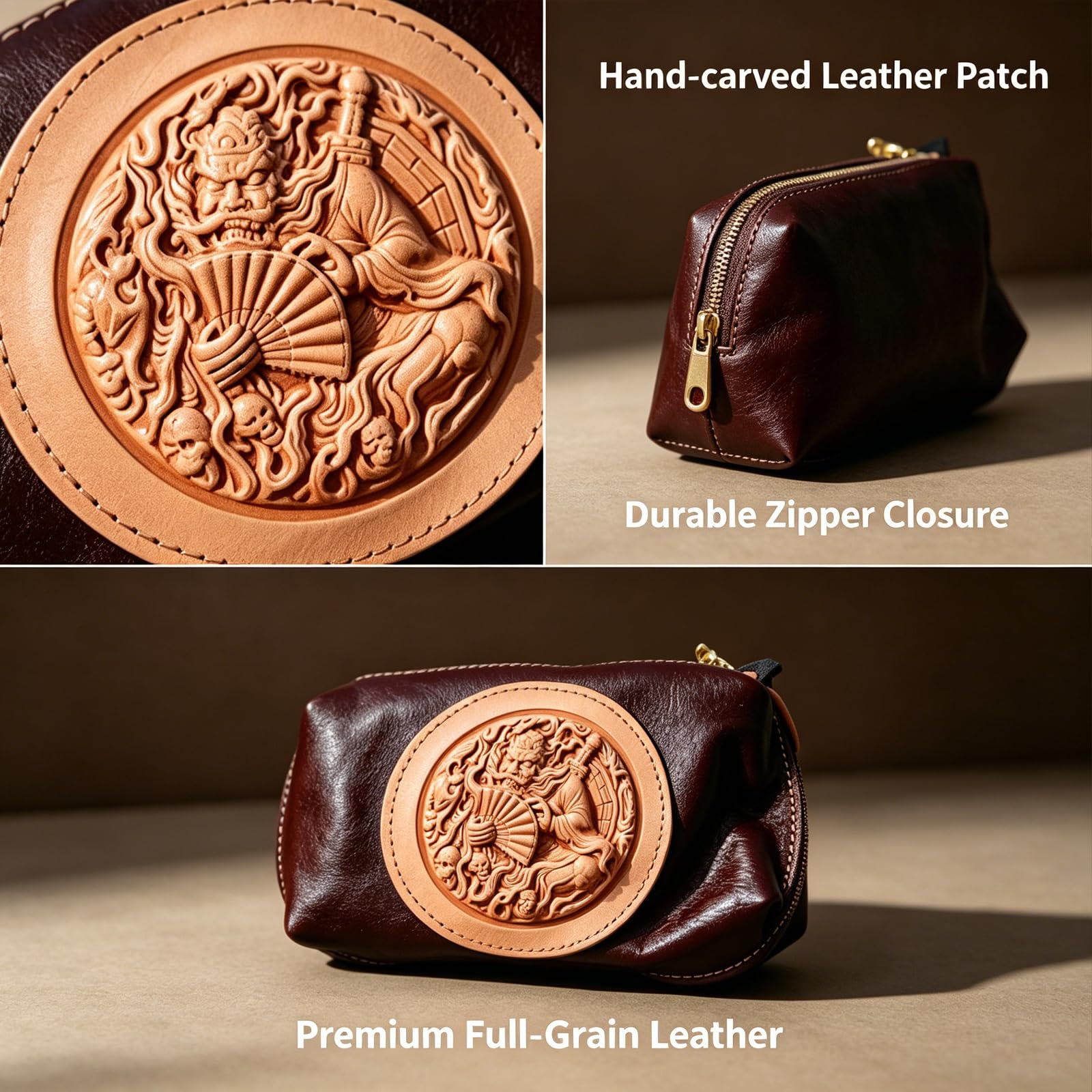 Bolsa De Teléfono En Piel Genuina, Real, Clutch De Zhong Kui Tallada A Mano, Bolsa Retro En De Vaca Grano Superior, Bolsa Almacenamiento con Diseño De Dios Chino En Relieve