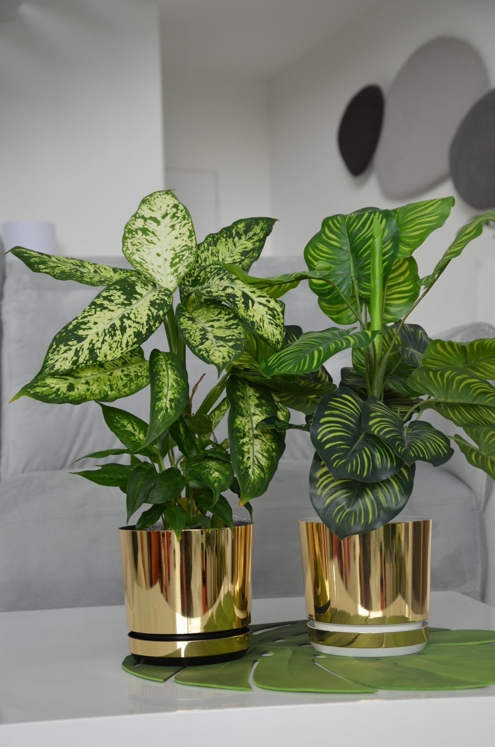 KERD Très Grand Pot de Fleurs 32 cm, Style Glamour Couleur Or Champagne, Finition Brillante pour Plantes, Rond avec Soucoupe, Fabriqué en Europe, Plastique Recyclé