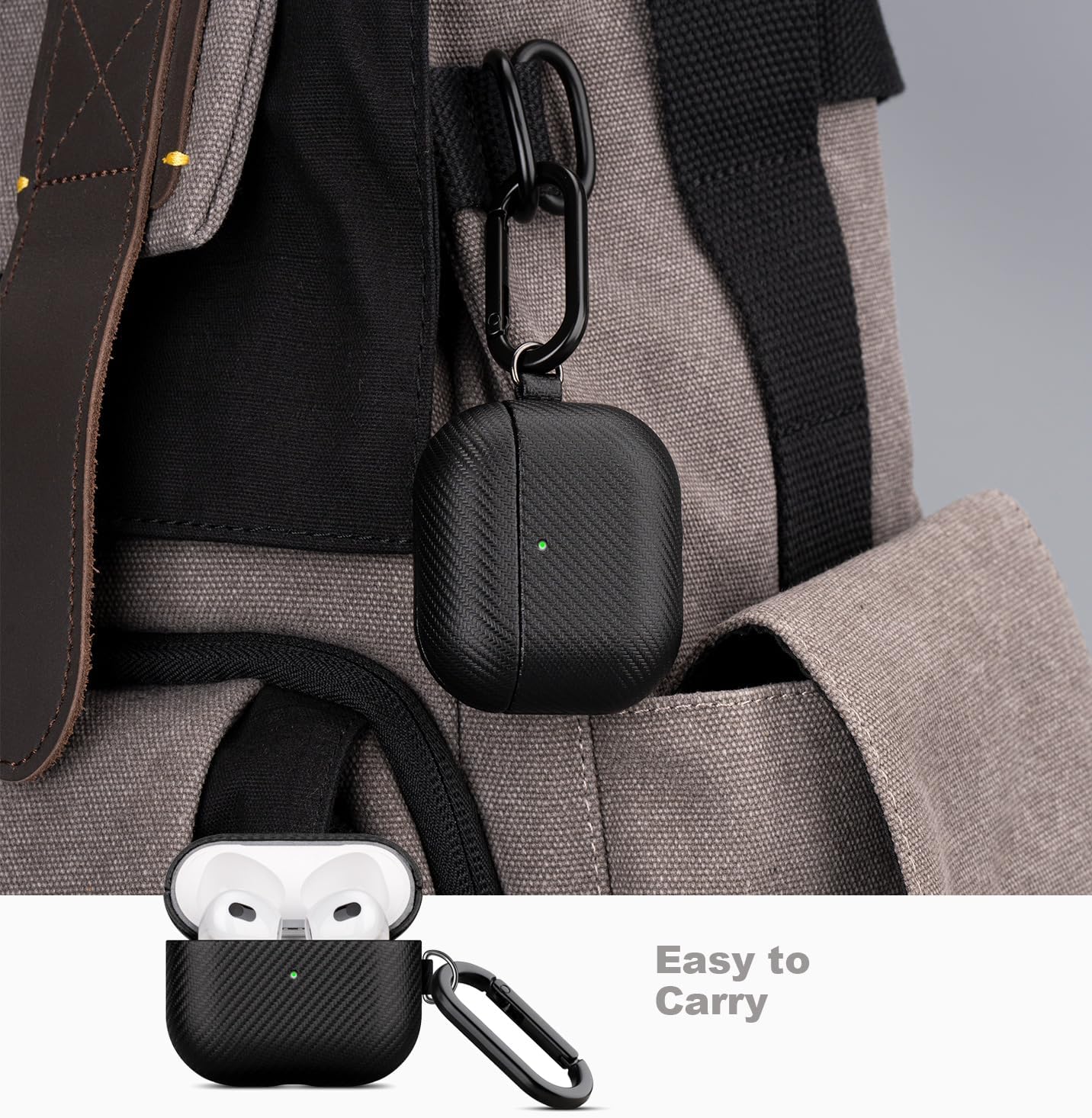 LOPIE Case Compatible with AirPods 3 (Released in 2021), Carbon Fiber Style Vegan Leather Case with Clip & Cleaner Kit, Protective Cover for Gen 3 AirPods (Not for AirPod Pro 3rd Generation) - Black