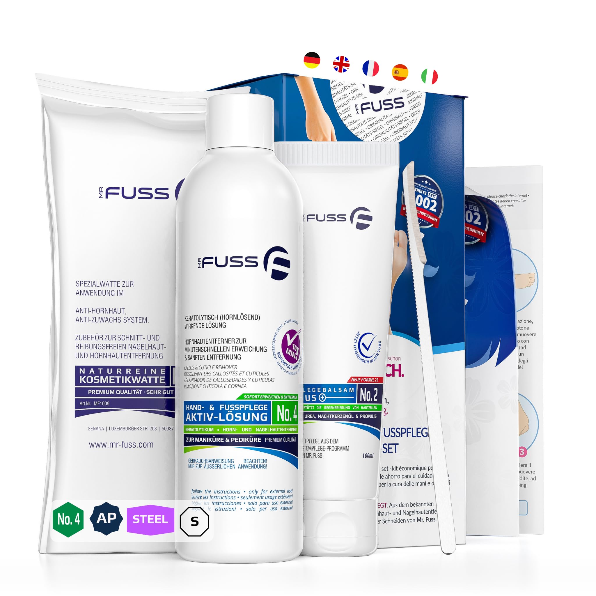 Mr. Fuss® No. 4 - Advanced Pack Steel - Klein, Nagelhaut- Hornhautentferner Sparpaket 4 tlg. Aktiv-Lösung Schnell erweichend - 250 ml, Balsam No. 2-100 ml, Watte, Edelstahl-Schaber