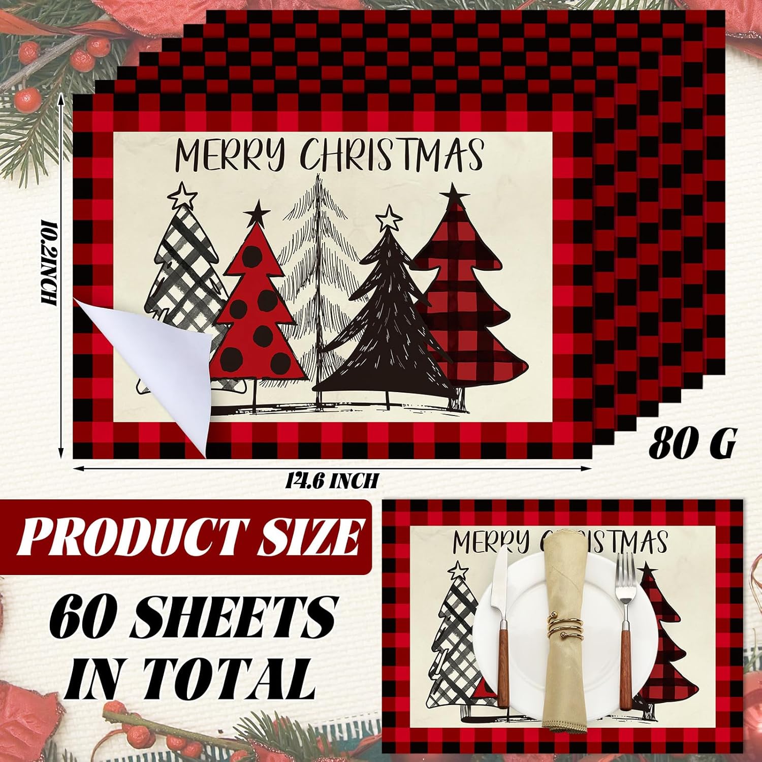 Umigy 60 Pcs Christmas Dinner Paper Placemats 10.24 x 14.57 Inch Christmas Tree Buffalo Plaid Disposable Paper Placemats Black and Red Table Mats for Xmas Dinner Kitchen Party Supplies