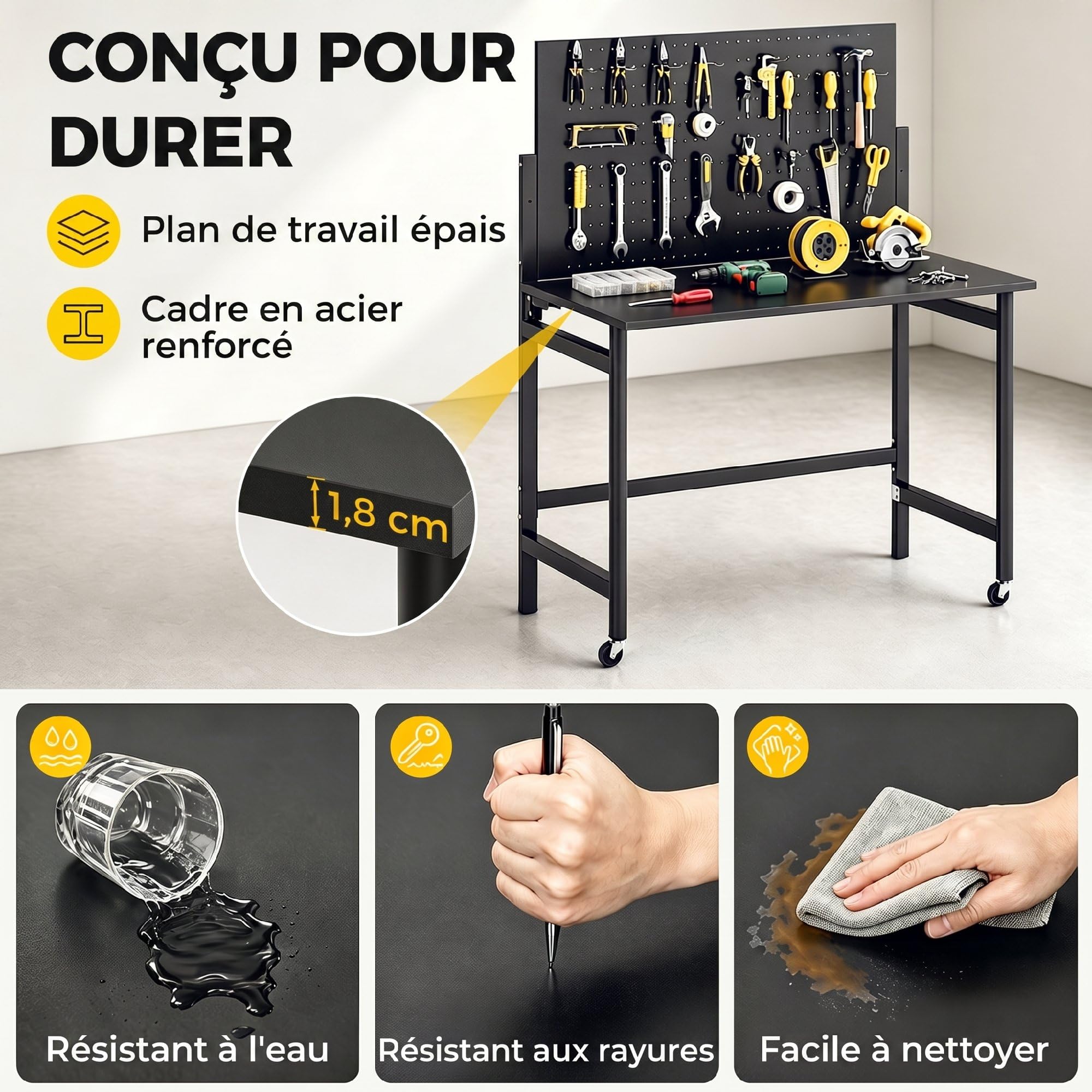 HOMCOM Établi d'Atelier Pliable à roulettes, 115x62x143,5cm, Plan de Travail avec Panneau Perforé, 30 Crochets, Plateau Épais, Cadre en Acier, Charge 120 kg, pour Garage, Atelier ou Entrepôt, Noir