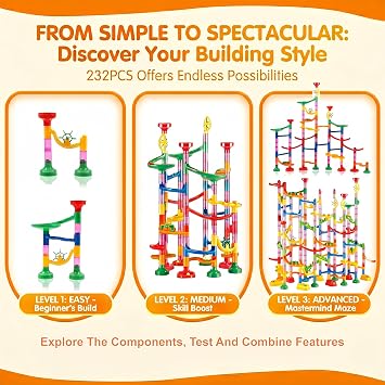 Marble Run Building Toy Set with Marbles, Creative Marbel Run Track Construction Game for Kids, Educational STEM Marble Runs Gift for 3 4 5 6-8-12 Year Olds Boys Girls (232pcs marble runs)